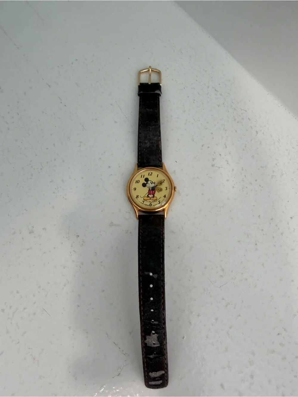 Mickey Mouse Gold-Tone Men’s Watch with Black Leather Strap vintage